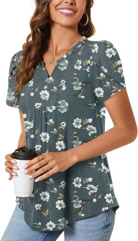 BISHUIGE Womens Casual Summer Top V Neck Loose Tunic Button Ruffle Sleeve Pleated Blouses in Saudi Arabia
