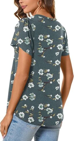 BISHUIGE Womens Casual Summer Top V Neck Loose Tunic Button Ruffle Sleeve Pleated Blouses in Saudi Arabia