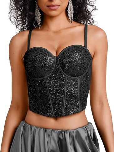 Kaei&Shi Sequin Corset Tops,Push Up Sparkly Mesh Bustier Top for Women,Sexy Concert Outfits Festival Disco Party Date Night in Saudi Arabia