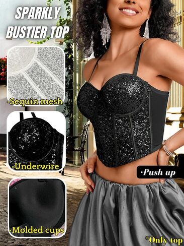 Kaei&Shi Sequin Corset Tops,Push Up Sparkly Mesh Bustier Top for Women,Sexy Concert Outfits Festival Disco Party Date Night in Saudi Arabia