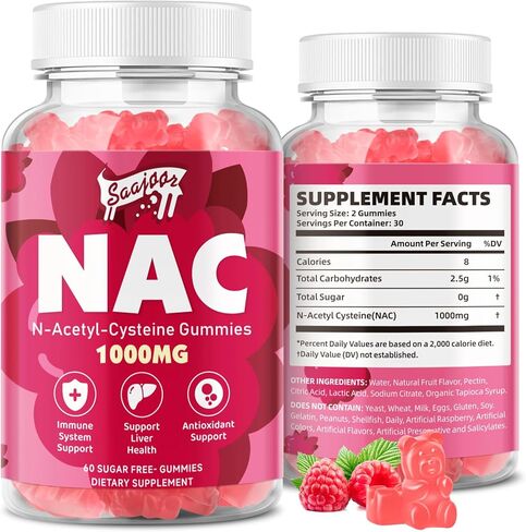 NAC Gummies Sugar-Free, N-Acetyl Cysteine NAC Supplement 1000mg for Antioxidants, Immune Support, Non-GMO, Gluten-Free, Vegan – Raspberry Flavor, 60 Gummies in Saudi Arabia