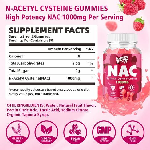 NAC Gummies Sugar-Free, N-Acetyl Cysteine NAC Supplement 1000mg for Antioxidants, Immune Support, Non-GMO, Gluten-Free, Vegan – Raspberry Flavor, 60 Gummies in Saudi Arabia
