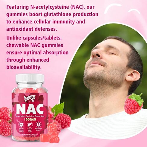 NAC Gummies Sugar-Free, N-Acetyl Cysteine NAC Supplement 1000mg for Antioxidants, Immune Support, Non-GMO, Gluten-Free, Vegan – Raspberry Flavor, 60 Gummies in Saudi Arabia