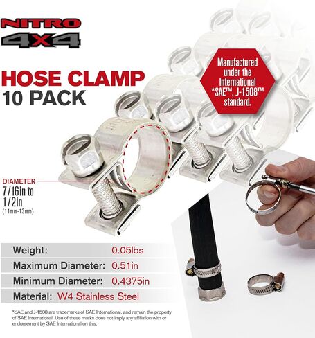 NITRO4X4 Stainless Steel Fuel Injector Hose Clamps Set - 10 Pack Adjustable Gas Line Hose Clamp (7/16 to 1/2 Inch, 11-13mm) - Heavy Duty Hose Clamp for Fuel Lines, Automotive Repairs in Saudi Arabia