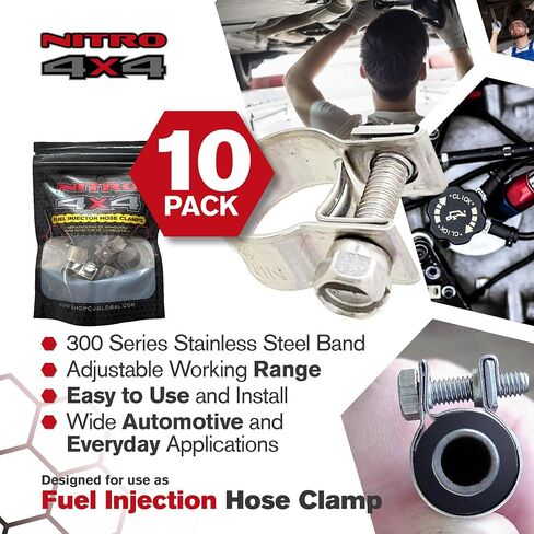 NITRO4X4 Stainless Steel Fuel Injector Hose Clamps Set - 10 Pack Adjustable Gas Line Hose Clamp (7/16 to 1/2 Inch, 11-13mm) - Heavy Duty Hose Clamp for Fuel Lines, Automotive Repairs in Saudi Arabia