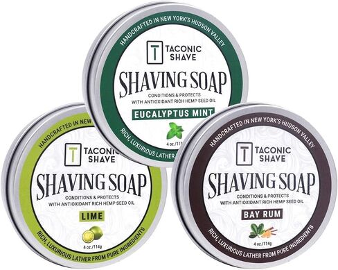 Taconic Shave Barbershop Quality 3 Shaving Soap Variety Pack – Bay Rum, Eucalyptus Mint and Lime - Artisan Crafted with Antioxidant Rich Oils in Saudi Arabia