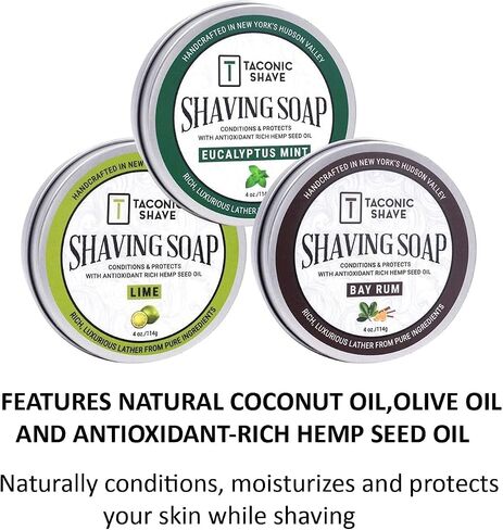 Taconic Shave Barbershop Quality 3 Shaving Soap Variety Pack – Bay Rum, Eucalyptus Mint and Lime - Artisan Crafted with Antioxidant Rich Oils in Saudi Arabia