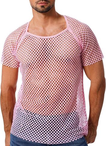 ABAFIP Men's Grid Mesh Fishnet Tank Top Short Sleeve T-Shirt Slim Fit Muscle Tee Workout See Thru Undershirt Clubwear in Kuwait