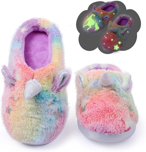Fuzzy Unicorn Slippers for Boys Girls, Glow in the Dark Memory Foam House Slipper, Anti Slip Soles(Little Kid/Big Kid) in Saudi Arabia