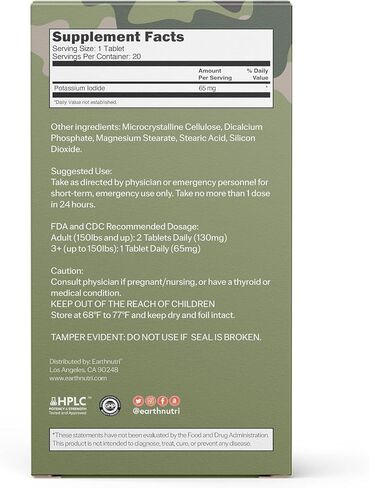 EarthNutri KI-Radi™ Potassium Iodide Tablets 65 mg (20 Tablets) in Foil-Foil Blister Seal Packaging - Potassium Iodine Tablet Supplement in Saudi Arabia