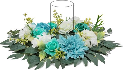 TINGE TIME Aritificial Flowers Candle Rings, 1 Pcs 15inch Diam Teal Blue Fake Rose Wreath Wedding Centerpieces for Tables Summer Garland for Front Door Weddings Party Ceremony Decor in Saudi Arabia