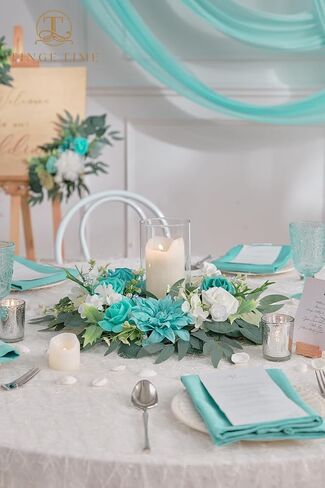 TINGE TIME Aritificial Flowers Candle Rings, 1 Pcs 15inch Diam Teal Blue Fake Rose Wreath Wedding Centerpieces for Tables Summer Garland for Front Door Weddings Party Ceremony Decor in Saudi Arabia