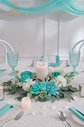 TINGE TIME Aritificial Flowers Candle Rings, 1 Pcs 15inch Diam Teal Blue Fake Rose Wreath Wedding Centerpieces for Tables Summer Garland for Front Door Weddings Party Ceremony Decor in Saudi Arabia