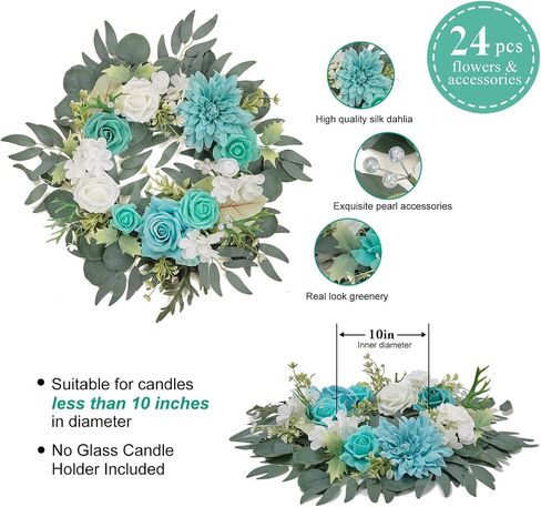 TINGE TIME Aritificial Flowers Candle Rings, 1 Pcs 15inch Diam Teal Blue Fake Rose Wreath Wedding Centerpieces for Tables Summer Garland for Front Door Weddings Party Ceremony Decor in Saudi Arabia