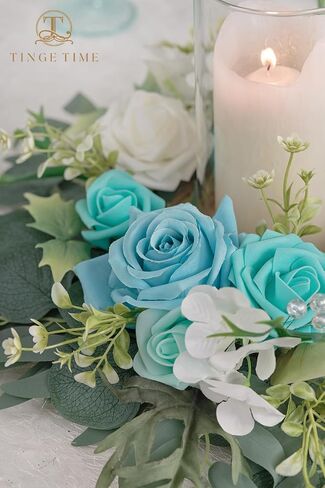 TINGE TIME Aritificial Flowers Candle Rings, 1 Pcs 15inch Diam Teal Blue Fake Rose Wreath Wedding Centerpieces for Tables Summer Garland for Front Door Weddings Party Ceremony Decor in Saudi Arabia
