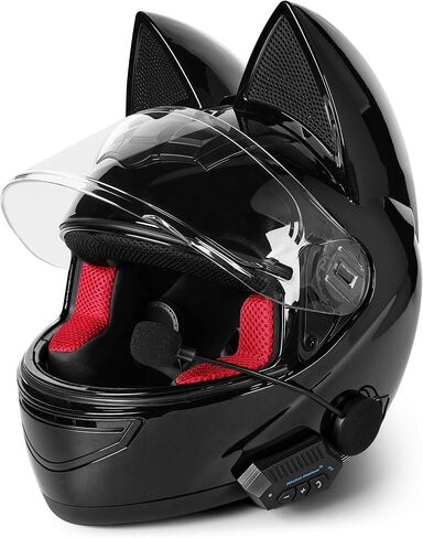 Unisex Kitty Cat Ear Automotive Motorcycle Biker Helmet with Bluetooth | for Moped | Bike | Vespa | Scooter | ATV | Quad | Dirtbike | DOT FMVSS218 Approved and Certified in Saudi Arabia