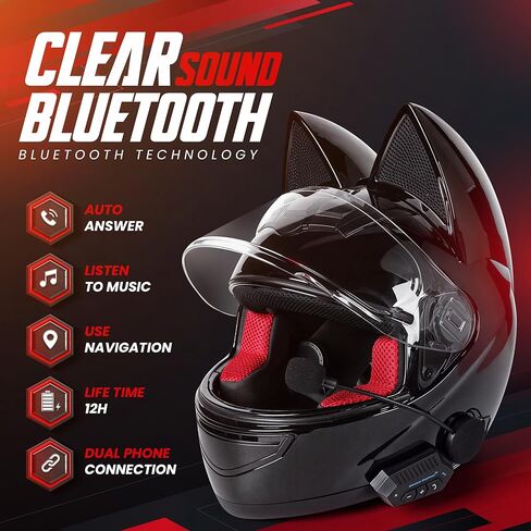 للجنسين كيتي كات أذن السيارات خوذة الدراجات النارية مع Bluetooth | للدراسة | دراجة | فيسبا | سكوتر | ATV | رباعي | Dirtbike | DOT FMVSS218 معتمدة ومعتمد in Kuwait