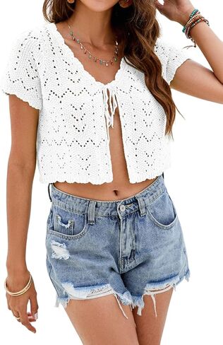 Women's 2025 Summer Tie Front Bolero Shrugs Beach Short Sleeve Lightweight Crochet Cardigans in Kuwait