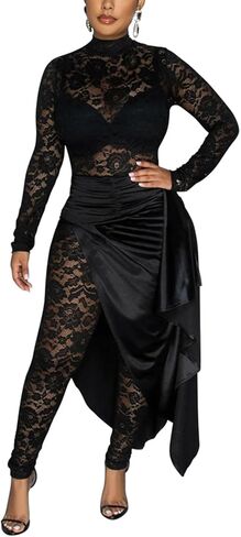 Women's Lace See Through Jumpsuit Bodycon Long Sleeve One Piece Set Pleated High Split Midi Skirt Sexy Y2K Club Outfits in Kuwait