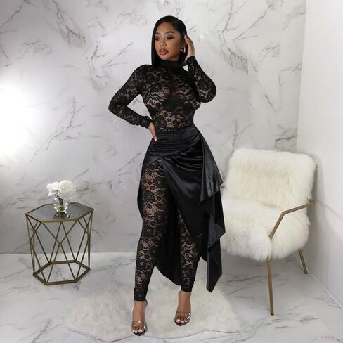 Women's Lace See Through Jumpsuit Bodycon Long Sleeve One Piece Set Pleated High Split Midi Skirt Sexy Y2K Club Outfits in Kuwait