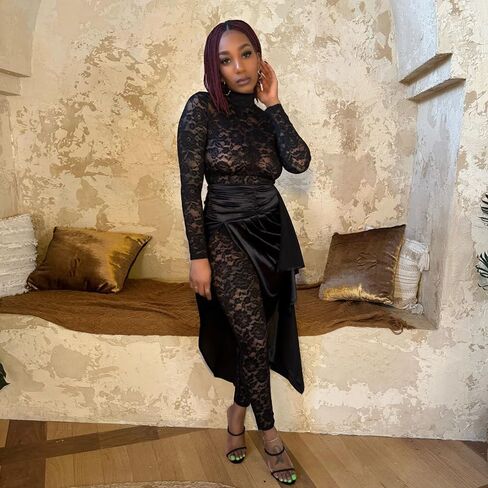 Women's Lace See Through Jumpsuit Bodycon Long Sleeve One Piece Set Pleated High Split Midi Skirt Sexy Y2K Club Outfits in Kuwait