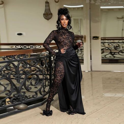 Women's Lace See Through Jumpsuit Bodycon Long Sleeve One Piece Set Pleated High Split Midi Skirt Sexy Y2K Club Outfits in Kuwait