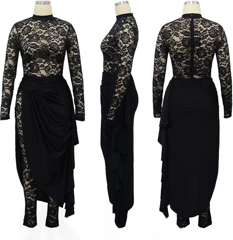 Women's Lace See Through Jumpsuit Bodycon Long Sleeve One Piece Set Pleated High Split Midi Skirt Sexy Y2K Club Outfits in Kuwait