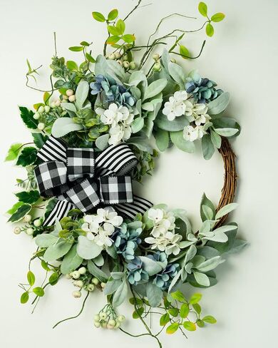 Lambs Ear Wreaths for Front Door Year Round Outside, 20'' Artificial Spring Summer Wreath with Peony Buffalo Bow Green Handmade Farmhouse Home Decor in Saudi Arabia