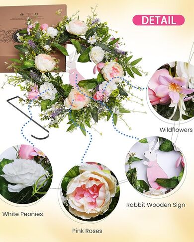 أكاليل عباد الشمس الاصطناعية للباب الأمامي 22 بوصة، إكليل باب الربيع والصيف مع خطاف، أكاليل الباب الصناعية باللون الأبيض والوردي والتوت الأزرق لجميع الفصول خارج ديكور الحائط المنزلي in Kuwait