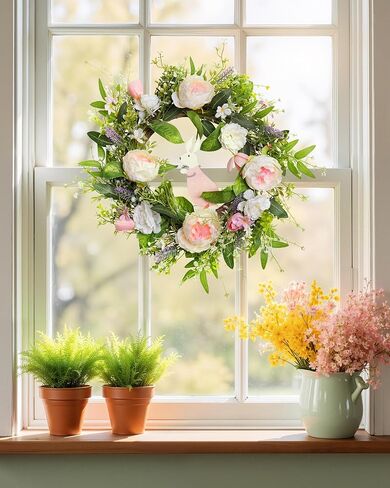 أكاليل عباد الشمس الاصطناعية للباب الأمامي 22 بوصة، إكليل باب الربيع والصيف مع خطاف، أكاليل الباب الصناعية باللون الأبيض والوردي والتوت الأزرق لجميع الفصول خارج ديكور الحائط المنزلي in Kuwait