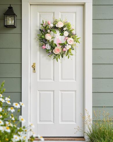 أكاليل عباد الشمس الاصطناعية للباب الأمامي 22 بوصة، إكليل باب الربيع والصيف مع خطاف، أكاليل الباب الصناعية باللون الأبيض والوردي والتوت الأزرق لجميع الفصول خارج ديكور الحائط المنزلي in Kuwait