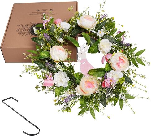 أكاليل عباد الشمس الاصطناعية للباب الأمامي 22 بوصة، إكليل باب الربيع والصيف مع خطاف، أكاليل الباب الصناعية باللون الأبيض والوردي والتوت الأزرق لجميع الفصول خارج ديكور الحائط المنزلي in Kuwait