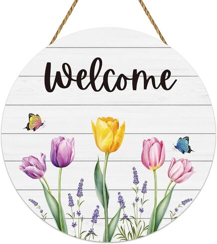 Spring Decorations for Home Wreaths for Front Door Butterfly Tulip Wreath Front Door Decor Wooden Spring Welcome Sign Hanger for Wall Porch Indoor Home Decor(Yellow) in Saudi Arabia