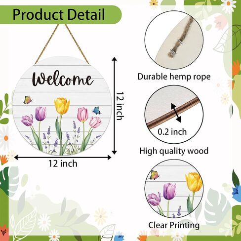 Spring Decorations for Home Wreaths for Front Door Butterfly Tulip Wreath Front Door Decor Wooden Spring Welcome Sign Hanger for Wall Porch Indoor Home Decor(Yellow) in Saudi Arabia