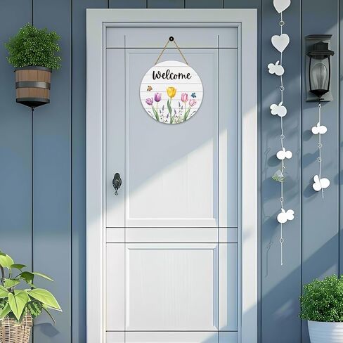 Spring Decorations for Home Wreaths for Front Door Butterfly Tulip Wreath Front Door Decor Wooden Spring Welcome Sign Hanger for Wall Porch Indoor Home Decor(Yellow) in Saudi Arabia