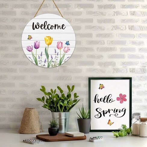 Spring Decorations for Home Wreaths for Front Door Butterfly Tulip Wreath Front Door Decor Wooden Spring Welcome Sign Hanger for Wall Porch Indoor Home Decor(Yellow) in Saudi Arabia
