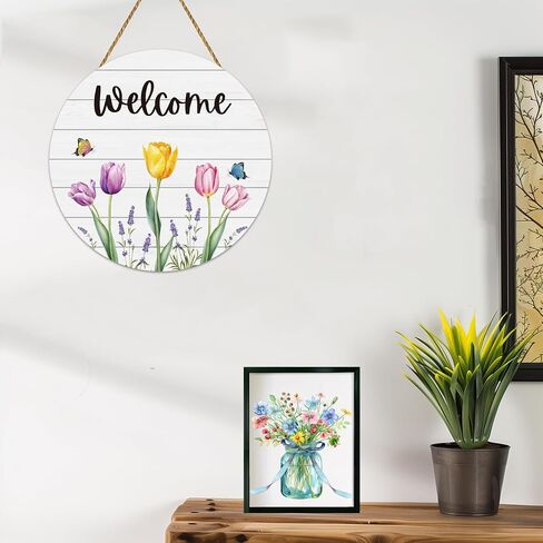 Spring Decorations for Home Wreaths for Front Door Butterfly Tulip Wreath Front Door Decor Wooden Spring Welcome Sign Hanger for Wall Porch Indoor Home Decor(Yellow) in Saudi Arabia