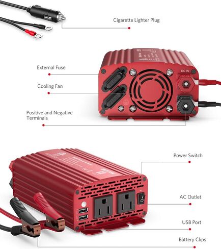 BESTEK 500W Power Inverter DC 12V to 110V AC Converter with Alligator Battery Clamp 4.8A Dual USB Car Charger ETL Listed in Kuwait