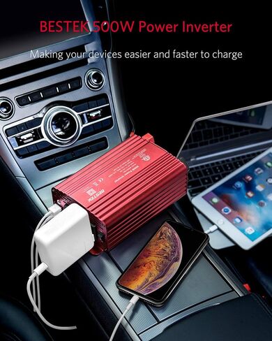 BESTEK 500W Power Inverter DC 12V to 110V AC Converter with Alligator Battery Clamp 4.8A Dual USB Car Charger ETL Listed in Kuwait