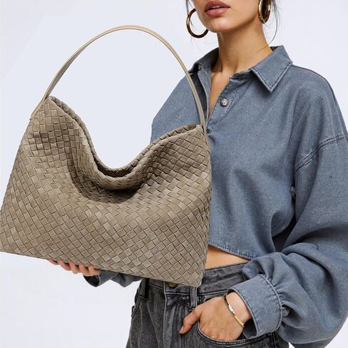 Women's Braided Leather Tote Bag Stylish Suede Hobo Shoulder Bag with Woven Details in Kuwait