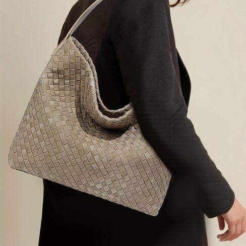 Women's Braided Leather Tote Bag Stylish Suede Hobo Shoulder Bag with Woven Details in Kuwait