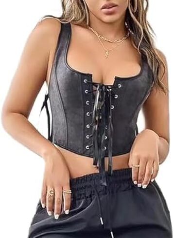 Women Vintage Black Lace-Up Bustier-Corset-Tops Boned Bustier Vest Sexy Overbustier for Going Out, Women's Corset Tops in Saudi Arabia