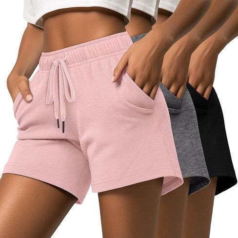 Riyiper 3 Pack Women's Sweat Shorts Drawstring Summer Athletic Elastic Casual Loose Comfy Pants with Pockets in Kuwait