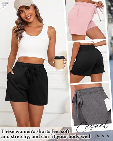 Riyiper 3 Pack Women's Sweat Shorts Drawstring Summer Athletic Elastic Casual Loose Comfy Pants with Pockets in Kuwait