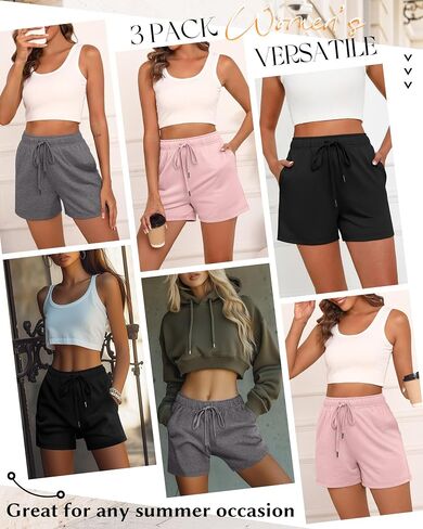 Riyiper 3 Pack Women's Sweat Shorts Drawstring Summer Athletic Elastic Casual Loose Comfy Pants with Pockets in Kuwait