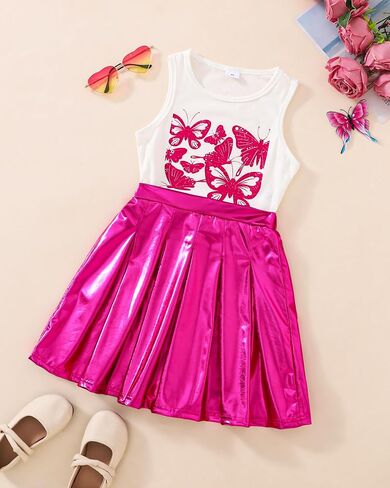 Tween Girls Preppy Trendy Clothes Sleeveless Butterfly Crop Top Sparkly Shiny A-Line Pleated Skirt Summer Outfits in Saudi Arabia