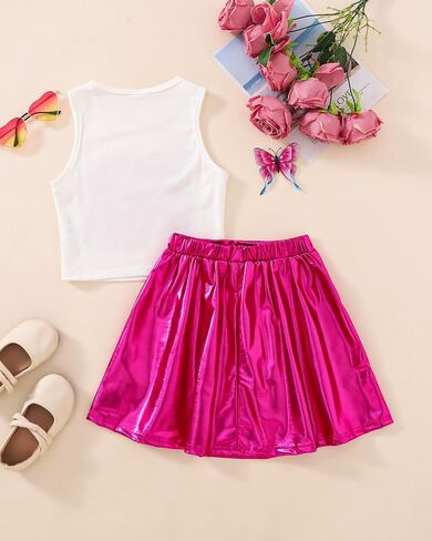 Tween Girls Preppy Trendy Clothes Sleeveless Butterfly Crop Top Sparkly Shiny A-Line Pleated Skirt Summer Outfits in Saudi Arabia