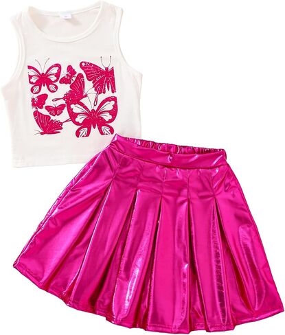 Tween Girls Preppy Trendy Clothes Sleeveless Butterfly Crop Top Sparkly Shiny A-Line Pleated Skirt Summer Outfits in Saudi Arabia