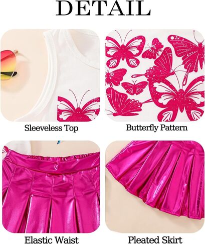 Tween Girls Preppy Trendy Clothes Sleeveless Butterfly Crop Top Sparkly Shiny A-Line Pleated Skirt Summer Outfits in Saudi Arabia