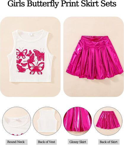 Tween Girls Preppy Trendy Clothes Sleeveless Butterfly Crop Top Sparkly Shiny A-Line Pleated Skirt Summer Outfits in Saudi Arabia